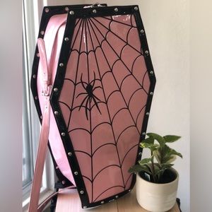 Dolls Kill Widow Pastel Goth Pink Coffin Shaped Weekender Bag w/ removable strap